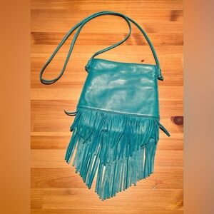 HOBO Leather Crossbody Fringe Square Purse Bag Teal Aqua Blue Snap Top Pockets